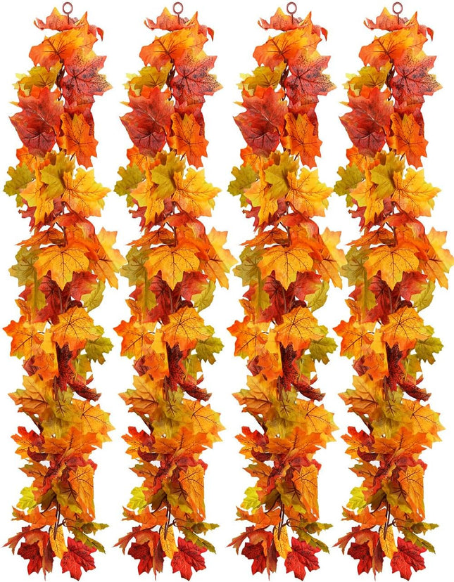 4 Packs Artificial Fall Leaves Garland, 5.9Ft/Pieces Autumn Maple Leaves Mantle Garland Hanging Vines for Home Decor Wedding Halloween Thanksgiving Christmas Indoor Outdoor Decorations by wohohoho