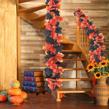 3 Pack Fall Maple Leaves Garland,5.7ft/Piece Artificial Maple Leaf Garland,Red&Black Autumn Hanging Fall Vines with 6PCS Adhesive Hooks for Halloween Thanksgiving Fireplace Indoor Outdoor Decor
