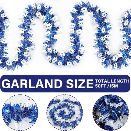 Hanukkah Tinsel Garlands, 50 Ft Hanukkah Decorations Tinsel Garland with Dreidel Silver Ornaments Blue Metallic Streamers for Home Indoor Outdoor Chanukah Party Supplies