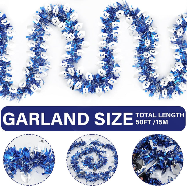 Hanukkah Tinsel Garlands, 50 Ft Hanukkah Decorations Tinsel Garland with Dreidel Silver Ornaments Blue Metallic Streamers for Home Indoor Outdoor Chanukah Party Supplies