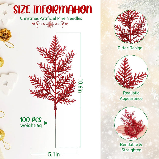 Hotop 100 Pcs Christmas Glitter Pine Needles 10.6 Inches Pine Stems Picks DIY Christmas Garland Wreath Decor Artificial Pine Branches for Xmas Winter Home Centerpieces Party Decoration (Red)