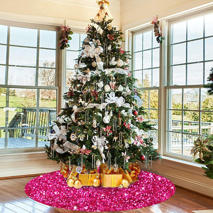 Hot Pink Christmas Tree Skirt 46 Inch Large Sequins Tree Skirt Velvet Embroidered Tree Skirt Fuchsia Tree Blanket Skirts Bling Christmas Tree Cover for Family Party Halloween Decoration