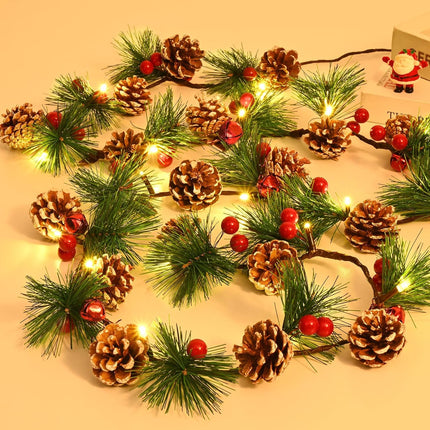 Christmas Garland with Lights, 6.6Ft Prelit Christmas Garland, Lighted Christmas Garland, Pine Garland with Pine Cones, Red Berry, Christmas Decoration, Winter Home Mantle Fireplace Table