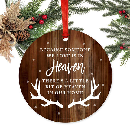 Andaz Press Memorial Metal Christmas Ornament, Because Someone We Love is in Heaven, There's A Little Bit of Heaven in Our Home, Rustic Wood with Deer Antlers, 1-Pack Ornaments for Someone in Heaven