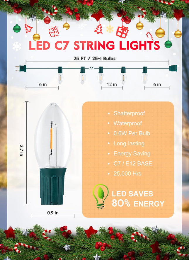 50FT C7 LED Christmas Lights, Outdoor Vintage String Lights with 52 Bulbs(2 Spare), Commercial Hanging Christmas Lights for Xmas Holidays Roofline Patio Garden Party Wedding Decor
