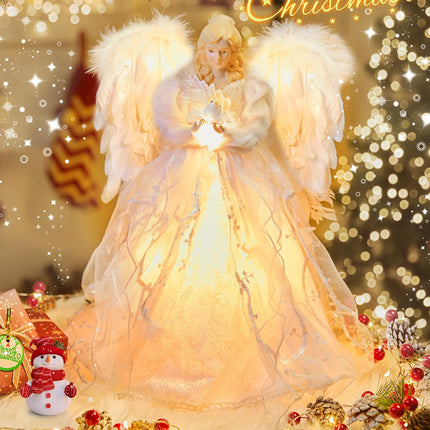 Christmas Tree Topper Angel with Lights, Xmas Tree Toppers Decorations Ornament with White Feather Wings, Plug in Christmas Tree Angel Treetop for Indoor Office Holiday