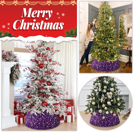 FOTSHARER Christmas Tree Collar Purple 23.6 Inch Sequin Tree Skirt Halloween for Shimmer Glitter Tree Collar Small Xmas Tree Ring Velvet Tree Collar for Pencil Tree Christmas Tree Base Cover Decor