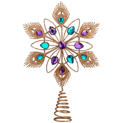 Valery Madelyn Lighted Christmas Tree Topper Star with Timer for Tree Decorations, 13 Inch Copper Gold Metal Star Tree Topper Snowflake Peacock Feather Jewel with Lights for Home Party Indoor
