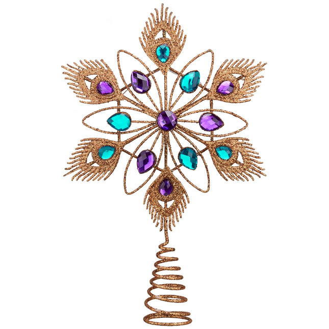 Valery Madelyn Lighted Christmas Tree Topper Star with Timer for Tree Decorations, 13 Inch Copper Gold Metal Star Tree Topper Snowflake Peacock Feather Jewel with Lights for Home Party Indoor