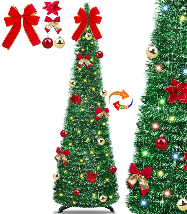 TURNMEON 5 Ft Pop Up Tinsel Christmas Tree DIY Ornaments Warm White & Colorful Change Lights Green Pencil Slim Tree Christmas Balls Bow Flower Timer Battery Operated Holiday Christmas Decoration