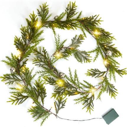 6.4FT Christmas Garland Decorations with Led & Star Lights, Faux Spruce Evergreen Garland Prelit Garland Indoor Christmas Decor with Silver Jingle BellsMantel Garland for Xmas Eve Fireplace Stairs