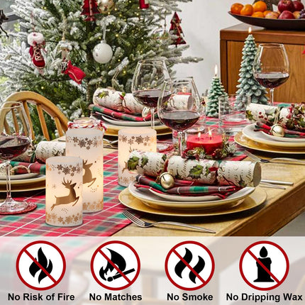 Eldnacele Christmas Flickering Flameless Candles with 6 Hour Timer, Gold Deer Decal Battery Operated Real Wax LED Pillar Candles Home Tabletop Holiday Decor(3Pcs,3×4/5/6 Inches)