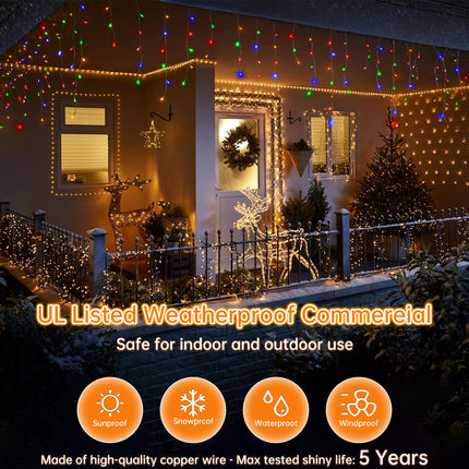 PgUp 124FT 1200 LED Christmas Lights, Ice Lights for Outside IP65 Waterproof with 8 Modes Timer Curtain Fairy Light with 240 Drops Plug in Christmas String Lights for Holiday Wedding Party Decor