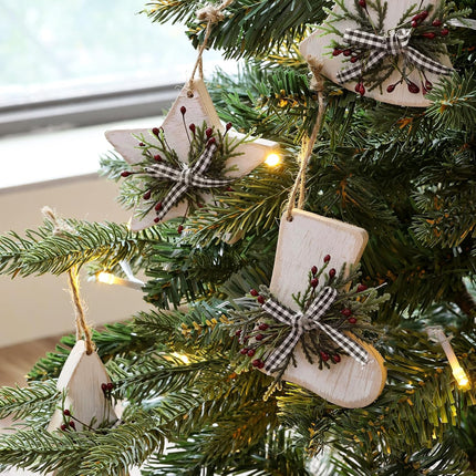 Christmas Decorations Indoor Decor: 12pcs Rustic Wood Christmas Tree Decorations, Boho Farmhouse Whitewash Hanging Ornaments with Plaid Bows Pine Branches for Kids Home Office Fireplace Garland