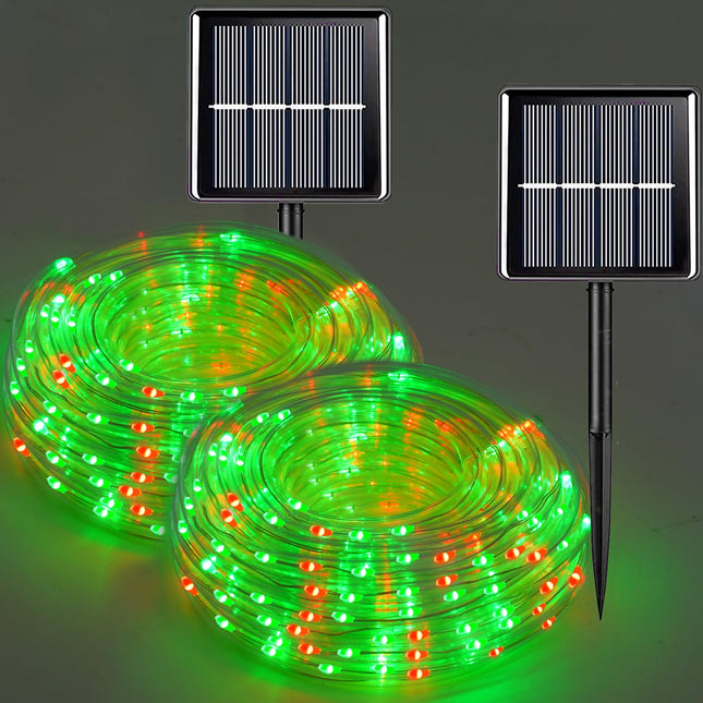 QITONG 2 Pack Red and Green Solar Rope Lights, Each 33ft 100 LED Solar Christmas Lights Outdoor, 8 Modes Clear PVC Tube Solar String Lights for Christmas Decor