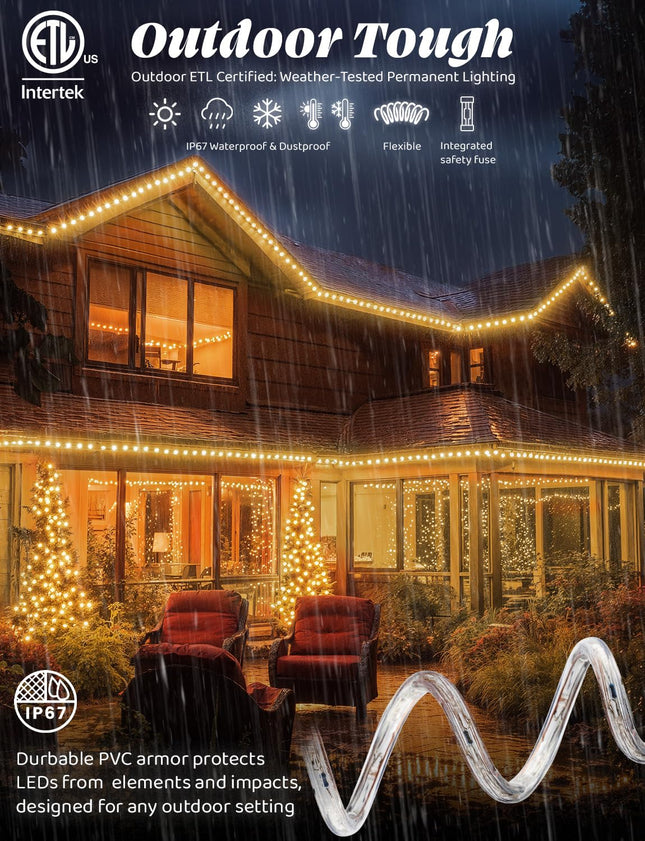 WYZworks 1656LEDs, 150ft LED Outside Rope Lights, Waterproof Permanent Outdoor ETL Connectable Clear Tube, Christmas Palm Tree Holiday Decorative Landscape Patio Accent Lighting - Warm White