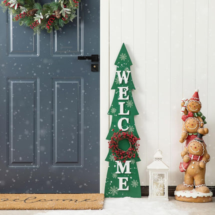 Glitzhome 42" H Wooden Welcome Christmas Tree Porch Sign with Berries Wreath Vertical Porch Sign in Xmas Tree Shape Farmhouse Hanging Sign Decorations for Front Door Wall Display