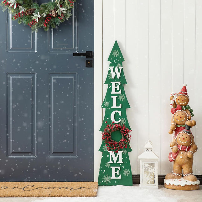 Glitzhome 42" H Wooden Welcome Christmas Tree Porch Sign with Berries Wreath Vertical Porch Sign in Xmas Tree Shape Farmhouse Hanging Sign Decorations for Front Door Wall Display