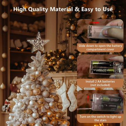 Christmas Star Tree Topper with 20 LED Lights, Battery Operated 9 Inch Metal Hollow Design, Easy-to-Install Christmas Tree Decorations for Holiday and Christmas Home Décor, Silver