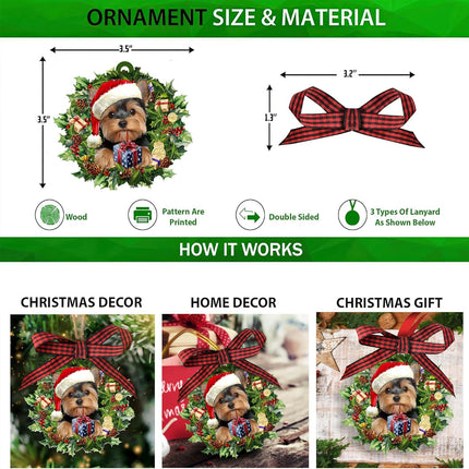 Talataca Yorkshire Terrier Wearing A Hat Wreath Yorkie Dog Lover 2D Flat Christmas Tree Wood Ornament Decor Wooden Hanging Decoration House Present Xmas Eve Keepsake Decorative