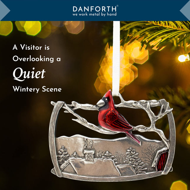 DANFORTH - 'A Visitor' Red Cardinal Christmas Tree Ornament, Hanging Pewter Xmas Decoration, Winter Decor, 2015 Annual Ornament, for Bird Lovers, 2 ½” Wide by 1 ¾” High, Made in USA