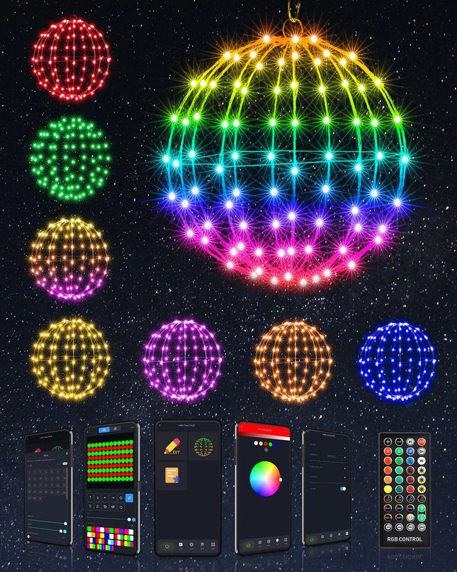 Smart RGB Christmas Hanging Ball Lights - 12 in 108LED Outdoor Color Changing Decorations Lights,Bluetooth APP Remote Control Dimmable Waterproof Globe Fairy Lights