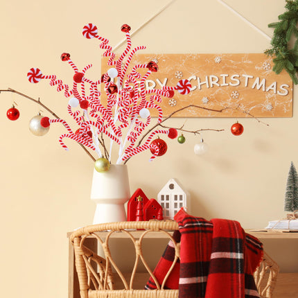 Sggvecsy 4 Pcs Christmas Tree Decoration Candy Cane Woolen Bells Candy Shape Christmas Tree Picks Christmas Bell Curly Picks Ornaments Xmas Tree Topper for Vase Filler Home Office Decor (Red)