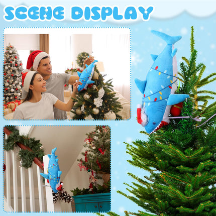 Meooeck Christmas Shark Plush Tree Topper 10 Inch Large Funny Christmas Plush Hanging Tree Ornament for Kids Christmas Tree Topper Decoration Curtain Tie Wine Bottle Decor for Holiday Party Favors