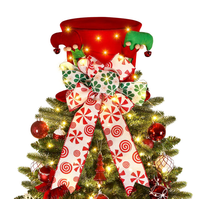 Christmas Tree Topper Hat Lighted,Large Red Velvet Hat with Elf Legs and Lengthened Bowknot, Small Bells and Light Strings,Christmas Tree and Tabletop Decorations for Holiday Home Decor