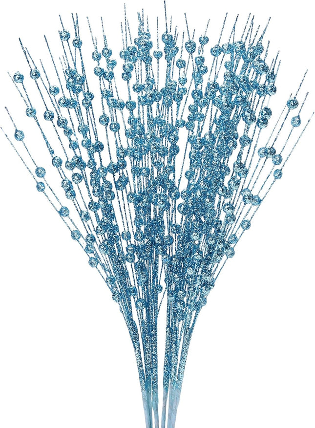 Felice Arts 6 Pack Lake Blue Artificial Glitter Berry Stems 15.7" Fake Christmas Picks Decorative Glitter Sticks for Christmas Tree DIY Wreath Crafts Fireplace Decor