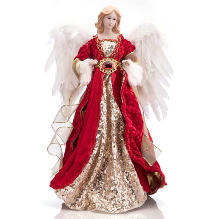 Redrubbit 16 inches Christmas Angel Tree Topper with Feather Wings in Luxury Red Velvet Sequin Dress, Christmas Treetop Flying Angel Winged Diva Fairy Goddess Figurine Holiday Ornament