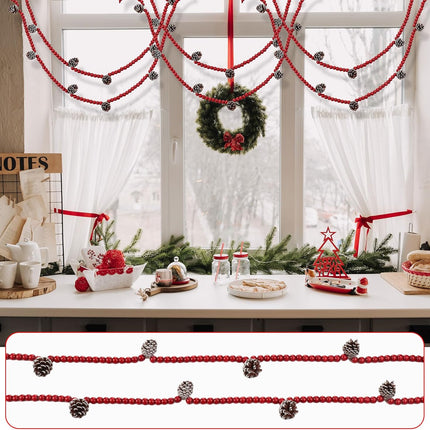 Huwena 12 Ft Christmas Wooden Bead Garland Rustic Red Bead Pinecone Garland Farmhouse Craft Bead Garland for Christmas Decoration Supplies