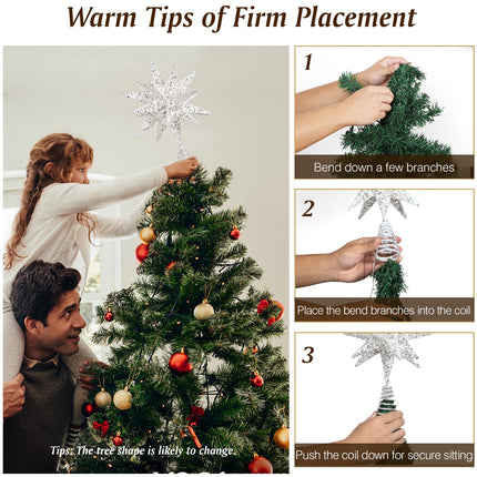 Lewondr Christmas Star Tree Topper, 3D Star Plugged Decorative Treetop with LED Light Beads for Home Holiday Xmas Decor 6-Hour Timer Function 5m Cable, Silver