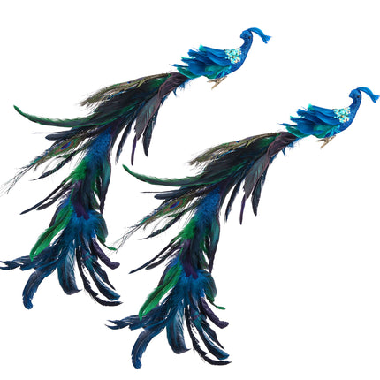 2pcs Large Artificial Peacock Ornaments,23" Glitter Blue Peacork with Long Tail,Christmas Peacock Cilp On Ornaments for Xmas Tree Decoration (Peacock Ornaments)