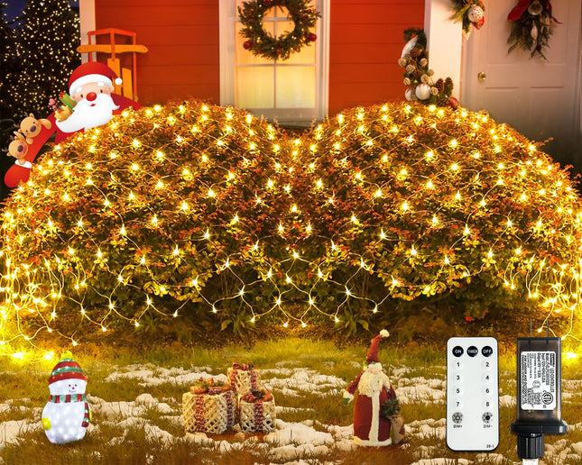JMEXSUSS 360 LED Net Lights Outdoor Mesh Lights, 12 ft x 5 ft Christmas Net Lights Outdoor Connectable Plug in, Warm White Net Lights for Bushes Christmas Tree Decoration（Transparent Wire）