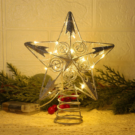 Juegoal Star Tree Topper with 20 LED Lights, Metal Silver Lighted Treetop Ornaments, Battery Powered Light Up Christmas Tree Decorations, 6.5 x 6.5 Inches