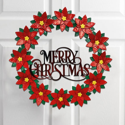 16” Metal Christmas Wreath for Front Door, Poinsettias Handcrafted Holiday Xmas Door Wreaths Clearance Porch Decorations