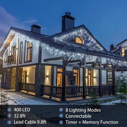 32.8ft 400 LED Icicle String Lights, 8 Modes Waterproof Icicle Christmas Lights Outdoor with Memory Function, Curtain Fairy Lights Hanging Decor for Home, Party, Wedding, Christmas (Cool White)