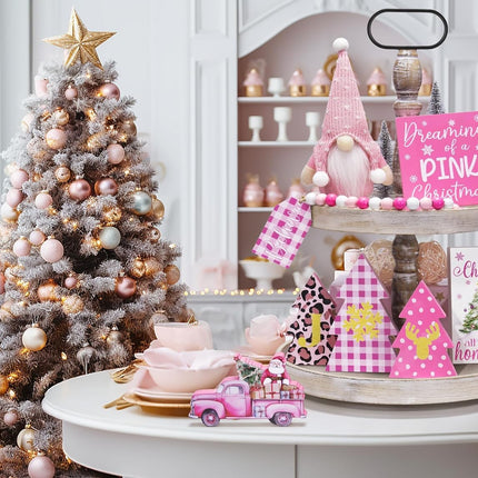 Pink Christmas Tiered Tray Decor 8 PCS Pink Christmas Decorations Indoor - Believe Christmas Wooden Signs & Pink Christmas Gnome Plush Set - Christmas Table Decor Tier for Home Kitchen Mantel
