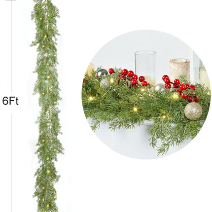 6FT Pine Christmas Garland, Artificail Christmas Greenery Garland with 50LED Lights,Realistic Cedar Garland Cypress Garland for Holiday Mantel Fireplace Table Centerpiece Decoration