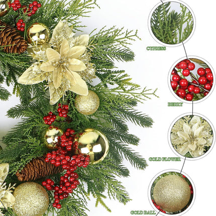 Christmas Wreath, 20'' Christmas Wreaths for Front Door with Gold Ball and Flower, Christmas Door Decorations for Year
