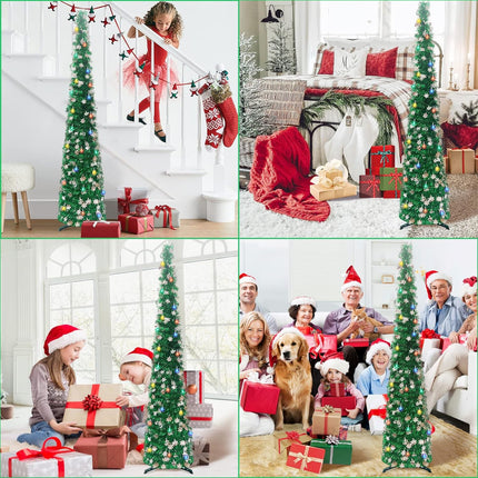 Pop Up Christmas Tree with Lights, 5FT 50LED Pencil Christmas Tree with Silver Snowflake Sequins, Artificial Green Tinsel Skinny Christmas Tree Collapsible Tree for Indoor, Party, Xmas, Home Decor