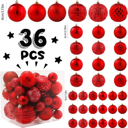 Red Christmas Ball Ornaments Christmas Tree Decorations 36pcs Shatterproof Christmas Ornaments Set with 6 Styles in 3 Sizes(Small Medium Large)