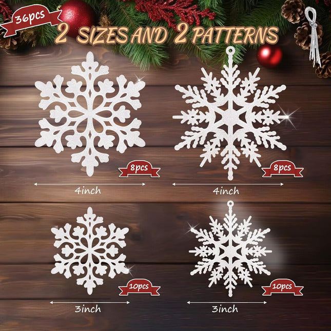 36Pcs White Glitter Snowflake Decorations Christmas Ornaments, Hanging Plastic Snow Flakes Ornaments with Silver Rope for Christmas Tree Decorations, Winter Wonderland Party Supplies