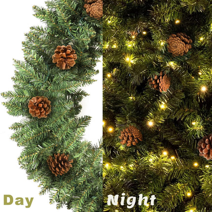 9 ft Christmas Garland, Pre-lit Garland with 50 Warm Lights, Classic Green Christmas Garland with 300 Branch Tips and Real Pinecone Decoration