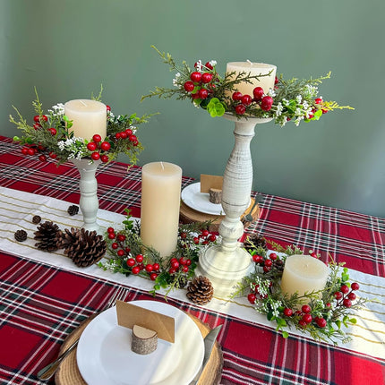 Winlyn 4 Pcs Artificial Eucalyptus Cedar Berry Candle Rings Christmas Candle Holder Wreath Rings Faux Cedar Twigs Wreath Mini Window Wreaths 12.2" Wide Winter Wedding Holiday Party Table Decoration