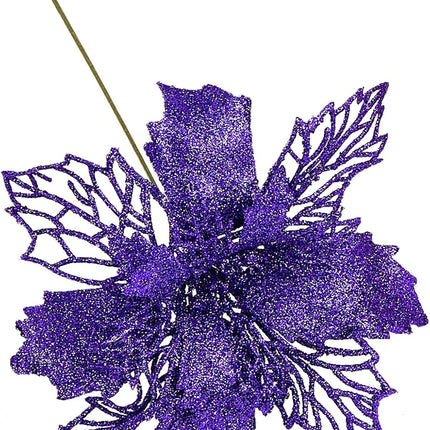 Zhenrui 12 pcs 6” Christmas Poinsettia Flower, Glitter Poinsettia Tree Ornaments, Purple Artificial Flower Decorating Wreath Garland, Great for Wedding Holiday and Home Decor, with Stems