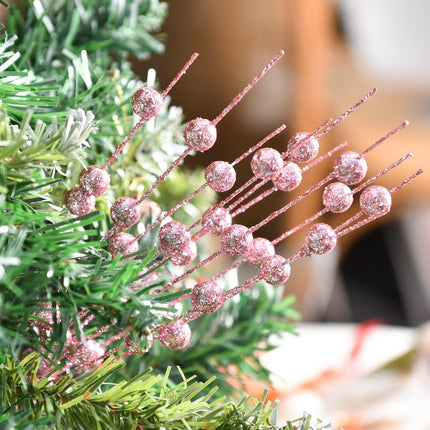 12Pack Christmas Glitter Berries Stems, 16 Inch Champagne Artificial Christmas Picks for Christmas Tree Ornaments, DIY Xmas Wreath, Crafts, Holiday and Home Decoration (Pink)