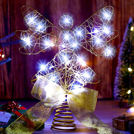 Sumind Angel Christmas Tree Topper Bow 9 Inch Lighted Christmas Tree Topper Glittered Angel Tree Topper with 30 LED String Light Christmas Tree Ornament Xmas Tree Decoration Supplies(Gold)
