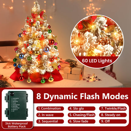 2FT Mini Christmas Tree, Snow Flocked Artificial Christmas Tree, 100 Lifelike Branches, 60 LED Lights, 58 Ornaments, 24 Inches Tabletop Prelit Small Christmas Tree for Holiday Indoor DIY Decor